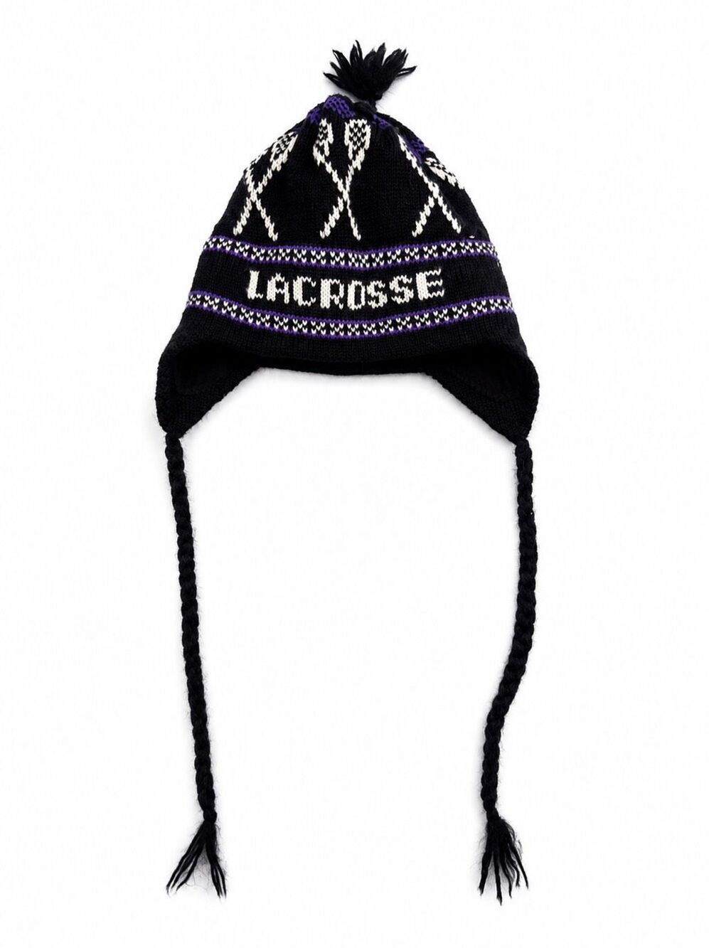 Vermont Originals Vintage Wool LAX Lacrosse Ear Flap Knit Hat Black Purple